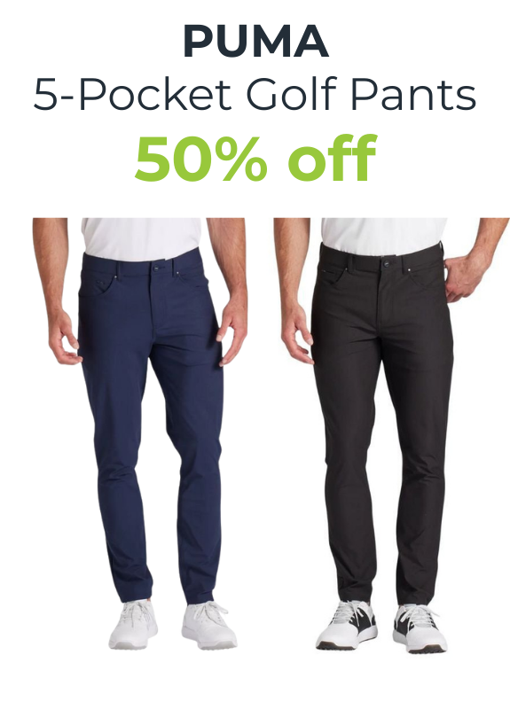 Puma 5-pocket golf pants on a white background with promotional text.