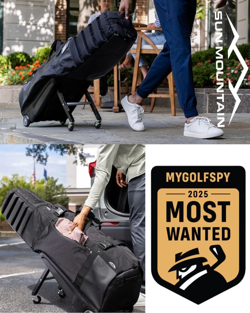 Black golf bag with wheels being used outdoors, featuring Sun Mountain logo and MyGolfSpy award badge.